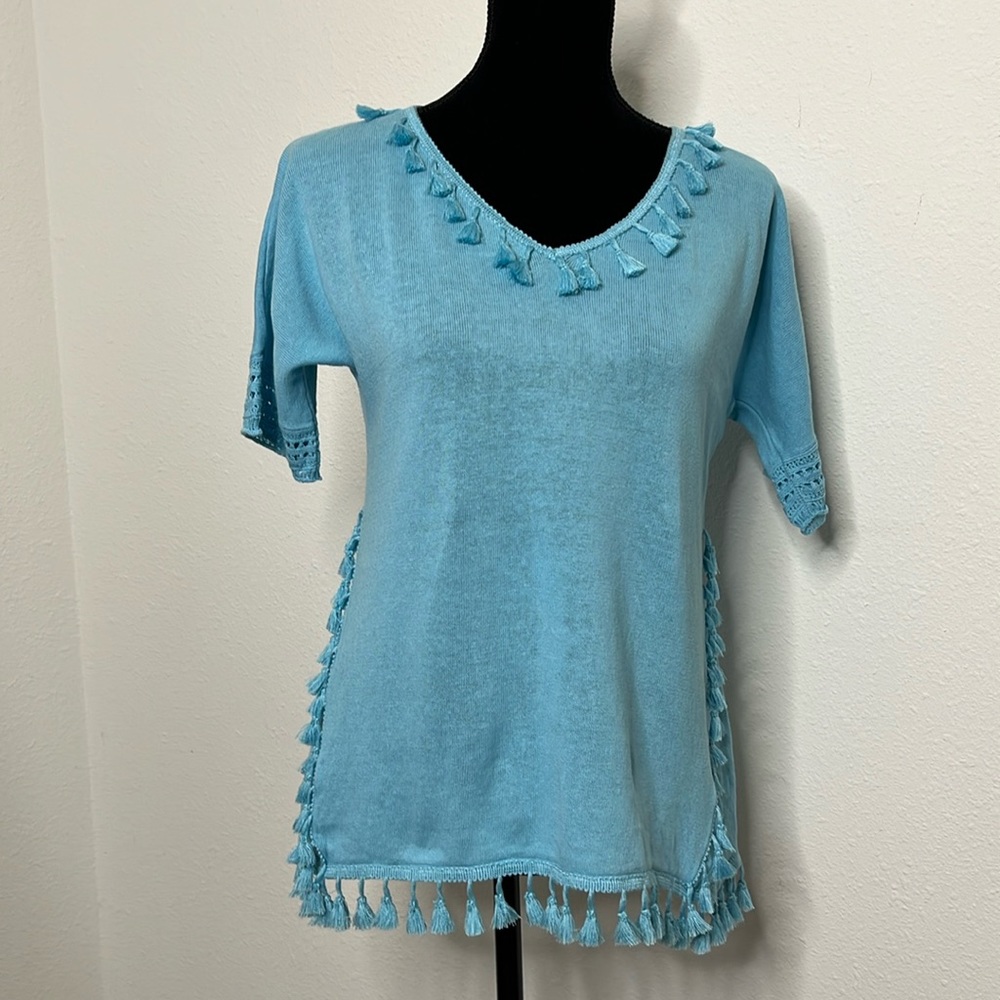 Chico’s size 0. Small Tassel trim pullover in tranquil blue